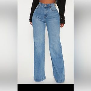 bridge the distance wide leg jeans blue wash fashion nova
